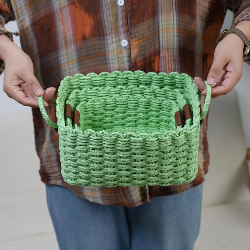 Small baskets for Organizing,Cute woven Storage basket with recycled paper rope for Shelves Bathroom,Little decorative basket,Set of 3 (Light Green) by GreenHaven Gardens