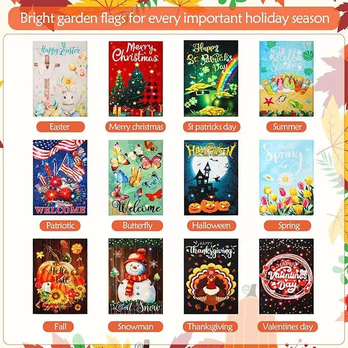 12 Pcs Solar Seasonal LED Garden Flags 12 x 18 Inch Double Sided Yard Flags Halloween Christmas Fall Thanksgiving Day Decorations Welcome Garden Holiday Yard Outside Lawn Decoration by GreenHaven Gardens