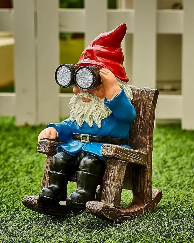 Solar Garden Gnome Statues Resin Gnome Figurines Sitting on Rocking Chair Outdoor Telescope Gnome Gifts for Yard, Patio Decor Gift by GreenHaven Gardens