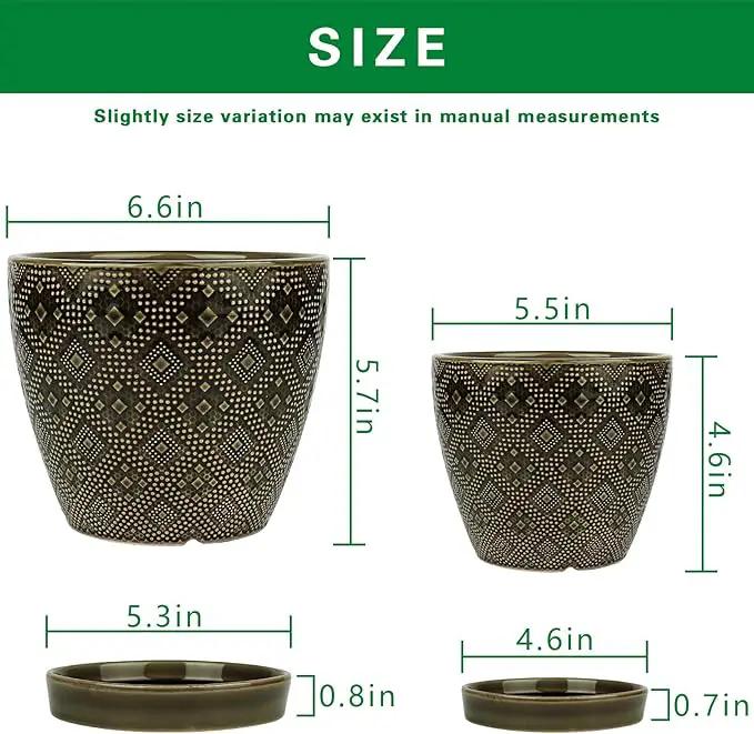 Docrin Ceramic Plant Pots Indoor, 6.6 + 5.5 Inch Planters with Drainage Holes and Saucer for Home/Office - Set of 2 /Dark Green by GreenHaven Gardens