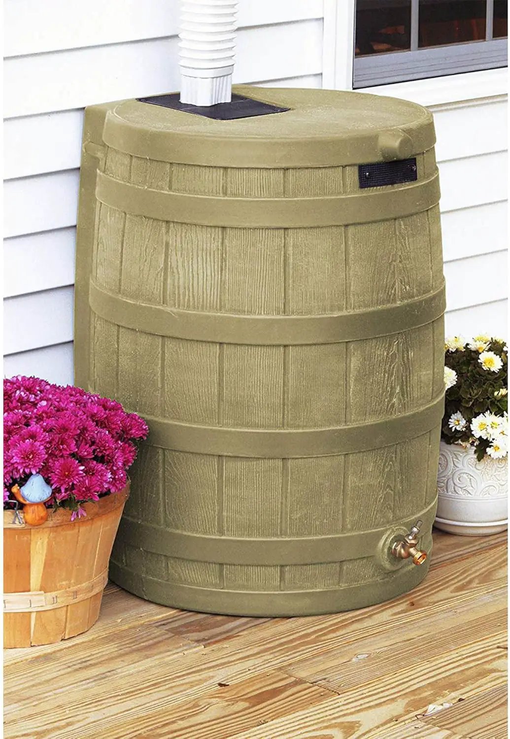 Good Ideas Rain Wizard 50 Gallon Plastic Outdoor Home Rain Barrel Water Storage Collector with Brass Spigot and Flat Back Design, Khaki (3 Pack) by GreenHaven Gardens