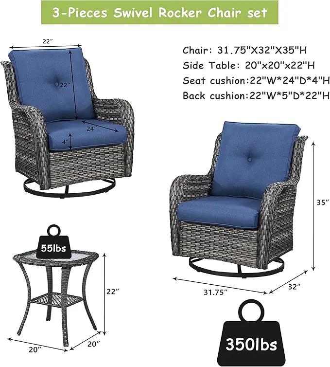 Outdoor Patio Swivel Rocker Chairs - 3 Piece Patio Bistro Set,Wicker Patio Furniture Set with 2 Swivel Rocking Chairs and 1 Glass Top Side Table for Deck Porch Garden,Mixed Grey/Blue by GreenHaven Gardens