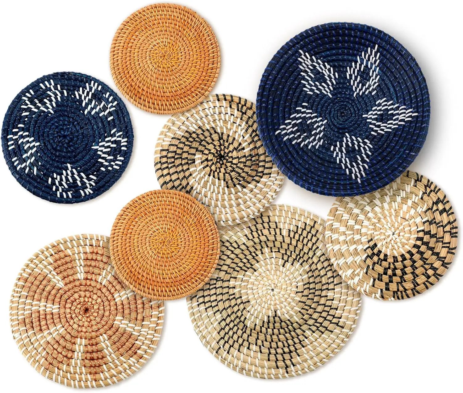 Xuhal Set of 8 Hanging Woven Wall Basket Handmade Decorative Rustic Boho Basket Decor Handcrafted Wicker Round Seagrass Wall Art for Home Kitchen Farmhouse Table Living Room by GreenHaven Gardens