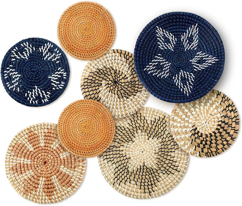 Xuhal Set of 8 Hanging Woven Wall Basket Handmade Decorative Rustic Boho Basket Decor Handcrafted Wicker Round Seagrass Wall Art for Home Kitchen Farmhouse Table Living Room by GreenHaven Gardens