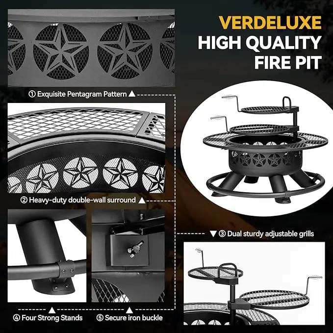 47 Inch Outdoor Fire Pit with 2 Grills, Extra Large BBQ Firepits for Outside, Metal Round Fire pits with Lid&Fire Poker,3 in 1 Wood Burning Outdoor Fireplaces for Backyard,Patio,Bonfire by GreenHaven Gardens