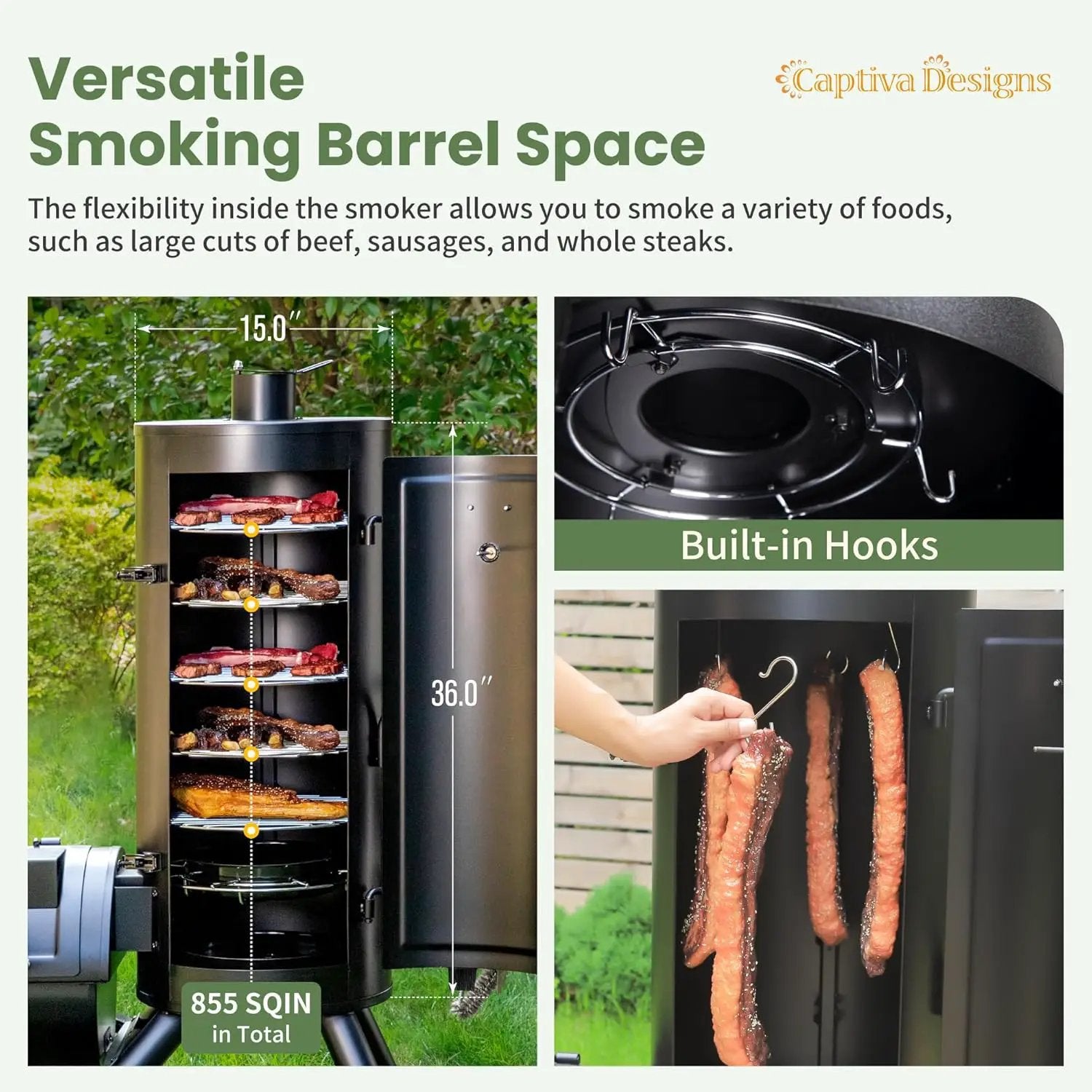 Captiva Designs Charcoal Vertical Smoker Grill and Offset Smoker Grill Combo, Extra Large Outdoor Barrel BBQ Meat Smoker with 5 Removable Smoking Grates & Built-in Hooks for Various Meat Foods by GreenHaven Gardens