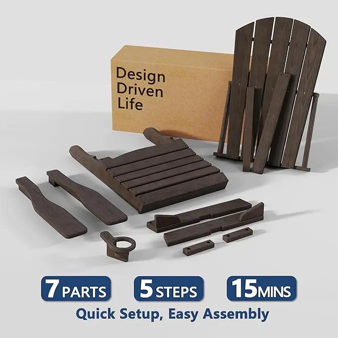 Folding Adirondack Chair Set of 4 with Cup Holder, HDPE All Weather Resistant Plastic Outdoor Patio Chairs, Heavy Duty Fire Pit Seating for Backyard Lawn Garden, Wooden Textured Design(Coffee) by GreenHaven Gardens
