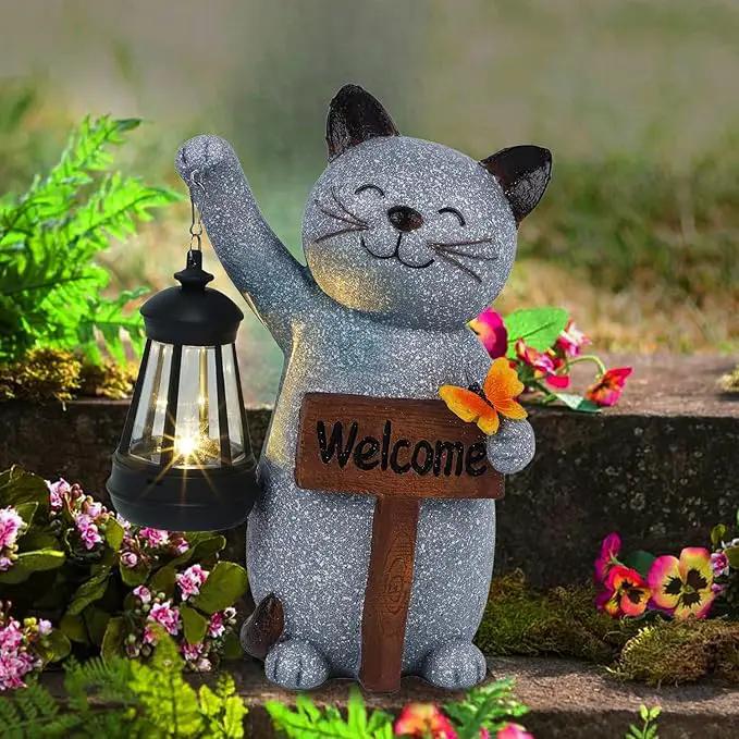 Juegoal Garden Statue Solar Cat Figurine with Lantern, 10" Resin Kitten Outdoor Lawn Porch Yard Art, Lighted Christmas Birthday Gifts for Mom Grandma by GreenHaven Gardens