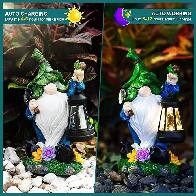 Garden Gnome Solar Figurine Lights - Solar Powered Lighting Outdoor Decorations with Lantern & Shovel, Yard Art Lawn Ornaments for Porch Patio Balcony - Gnome Gifts for Women Mom by GreenHaven Gardens