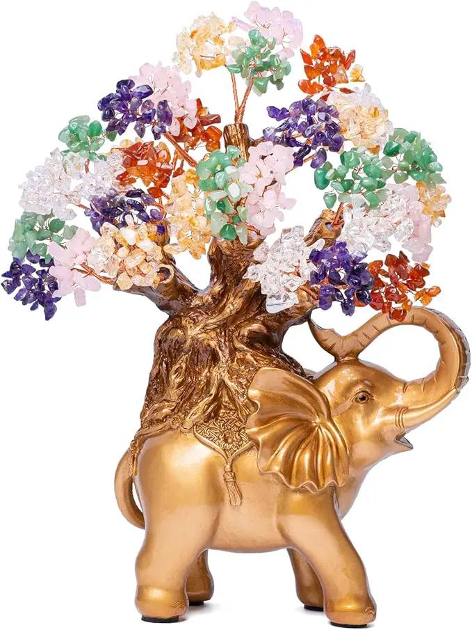 7 Chakra Crystal Money Tree on Gold Elephant Statue, 17”Large Gemstone Bonsai Tree of Life Home Décor Gifts for Wealth Positive Energy, Feng Shui Décor by GreenHaven Gardens