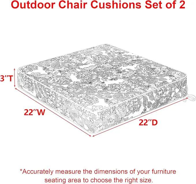 Favoyard Outdoor Chair Cushion 22 x 22 x 3 In Waterproof Pattern Fade Resistant Cushions for Patio Furniture with Removable Cover Attach Straps 28D Foam Insert Cushions Pads for Seat Sofa Couch 2 Pack by GreenHaven Gardens