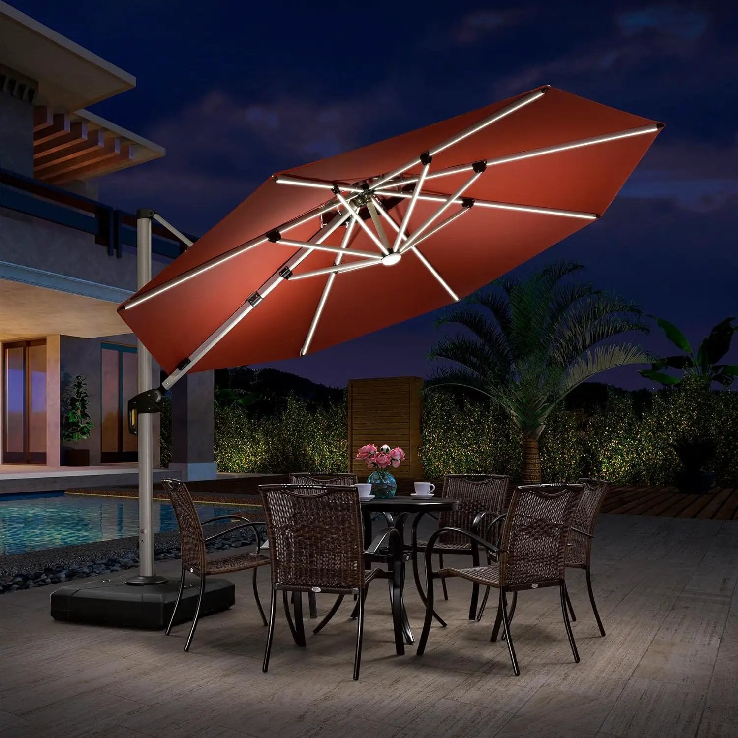 PURPLE LEAF 11ft Solar powered LED Patio Umbrella Outdoor Round Umbrellas Large Cantilever Umbrella with LED lights Windproof Offset Umbrellas Sun Umbrella for Garden Deck Pool Patio, Brick Red by GreenHaven Gardens