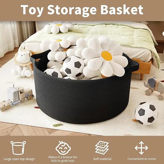125L Extra Large Blanket Basket, 25" x 16", Jumbo Laundry Woven Baskets Decorative Home, Cotton Rope Basket with Handles, Baby Toy Baskets for Storage, Black by GreenHaven Gardens