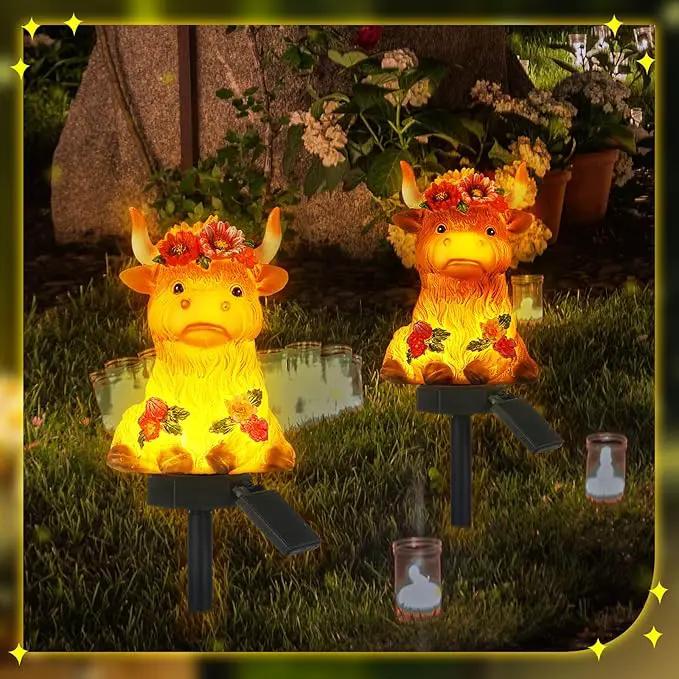 2 Pack Highland Cow Solar Lights Outdoor Garden Gnome Statues Resin Lamp Decor Waterproof Stake Lights Highland Cow Gifts for Yard Patio Lawn Decor by GreenHaven Gardens