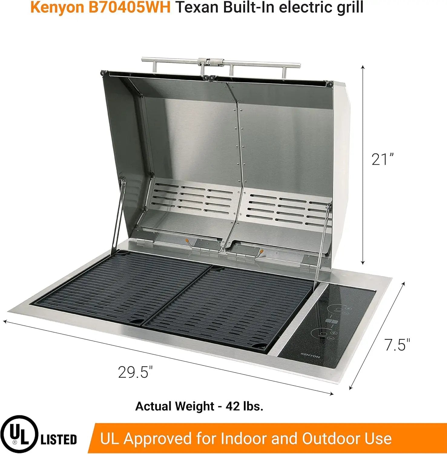 Kenyon Texan Built-In Electric Grill for Stone Counter, Standard Lite-Touch, Stainless Steel Grill with Split Lid for Indoor and Outdoor Use, 2 Burners, Quick Heat Up, Dishwasher Safe Grate, 240V by GreenHaven Gardens