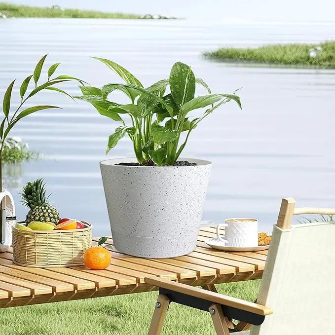 12 inch Large Self Watering Pots, Plant Pots with Mesh Drainage Holes for Indoor Outdoor Plants, Plastic Planters with Deep Reservoir for Garden House Flower Plants, Speckled White by GreenHaven Gardens