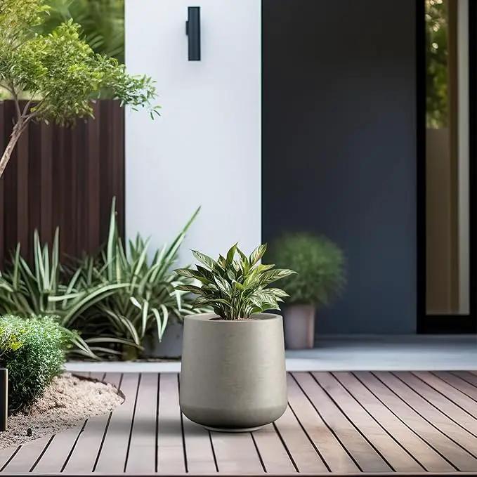 Kante 11.6" Dia Round Concrete Planter, Outdoor Indoor Large Plant Pots Containers with Drainage Hole and Rubber Plug for Home Garden Patio, Buff Concrete by GreenHaven Gardens