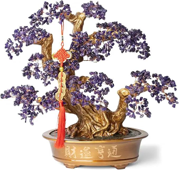 Natural Amethyst Gemstone Crystal Bonsai Tree of Life （1,350 Gemstone Count） Large Feng Shui Money Chakra Tree for Luck and Wealth Desk Decoration 20 Inches by GreenHaven Gardens