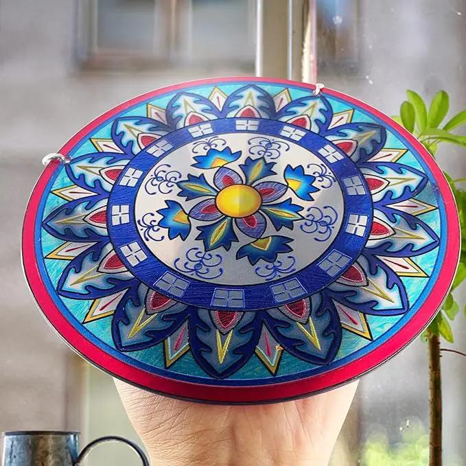 Mandala Suncatcher Stained Glass - Handmade Gifts for Women, Suncatchers for Windows - Window Hangings with Chain and Hook, 6 inch Stained Glass Suncatcher for Mom by GreenHaven Gardens