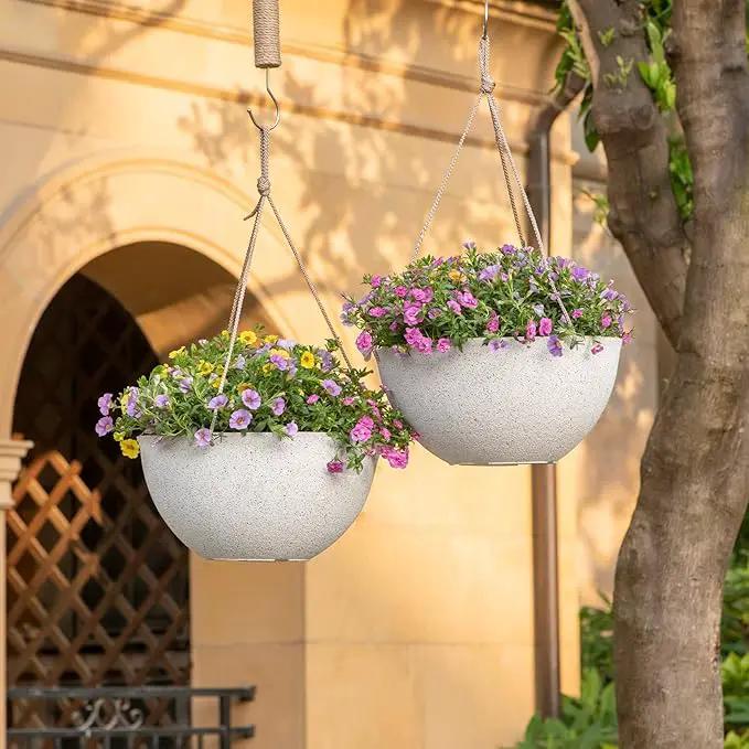 LA JOLIE MUSE Large Hanging Planters for Outdoor Plants - 13 Inch Hanging Flower Pots Set of 2, Speckled White by GreenHaven Gardens