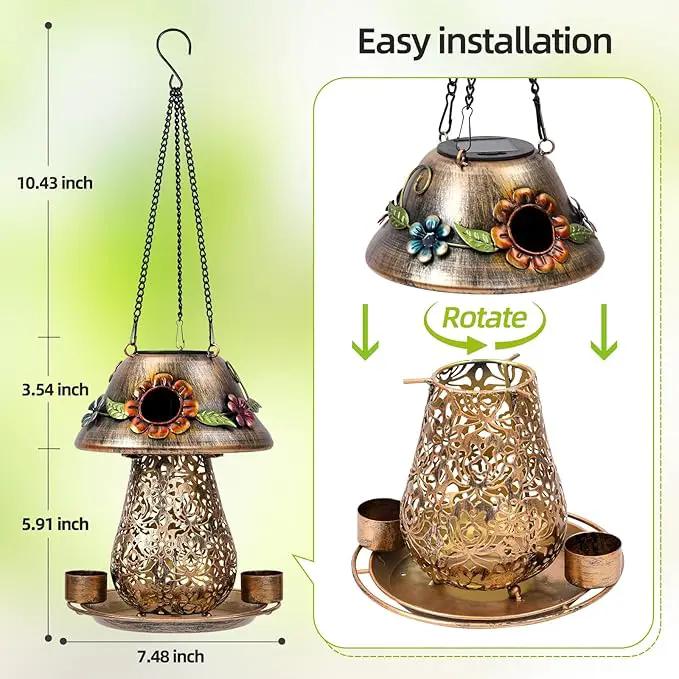 Mushroom Solar Bird Feeders for Outdoors Hanging Metal Wild Bird Feeder Garden Lantern with S Hook for Garden Decoration Brown by GreenHaven Gardens