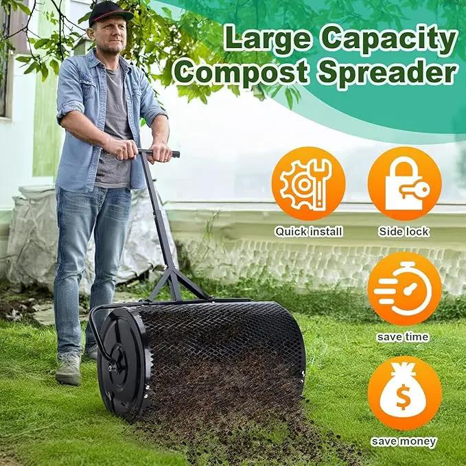 Compost Spreader, Durable Lawn Roller, Manure Spreader with Upgrade T Shaped Handle,Top Soil Spreader for Lawn and Garden Care Manure Spreaders Roller (T-Black-L) by GreenHaven Gardens
