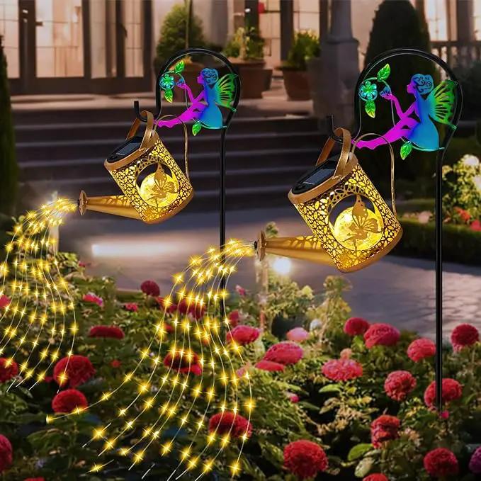 Solar Lights Garden Decorative, Solar Watering Can with Cascading Lights, Waterproof Metal Lantern with Fairy Shepherd Hook, Outdoor Decor for Yard, Patio, Lawn, and Pathway by GreenHaven Gardens