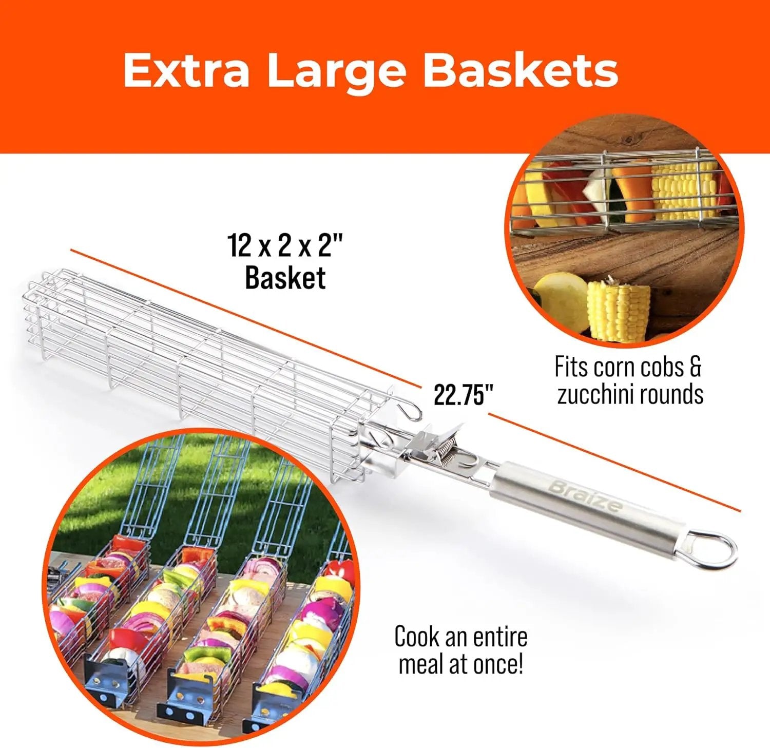 Kabob Grilling Basket Set of 4 with Removable Handle – Stainless Steel Baskets for Grilling Vegetables, Fish & Kabobs – Outdoor BBQ Accessories with Heavy-Duty Scrub Sponge by GreenHaven Gardens