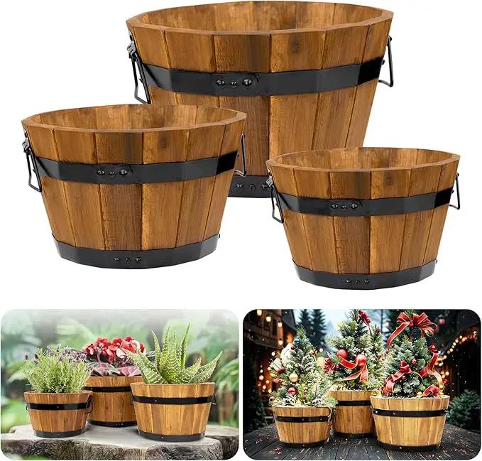 Idzo Set of 3 Wooden Flower Boxes Outdoor, Durable Acacia Wood Barrel Planters for Outdoor Plants with Ergonomic Handles, Drainage Holes, Multiple Sizes Wood Bucket Planter Light Brown by GreenHaven Gardens