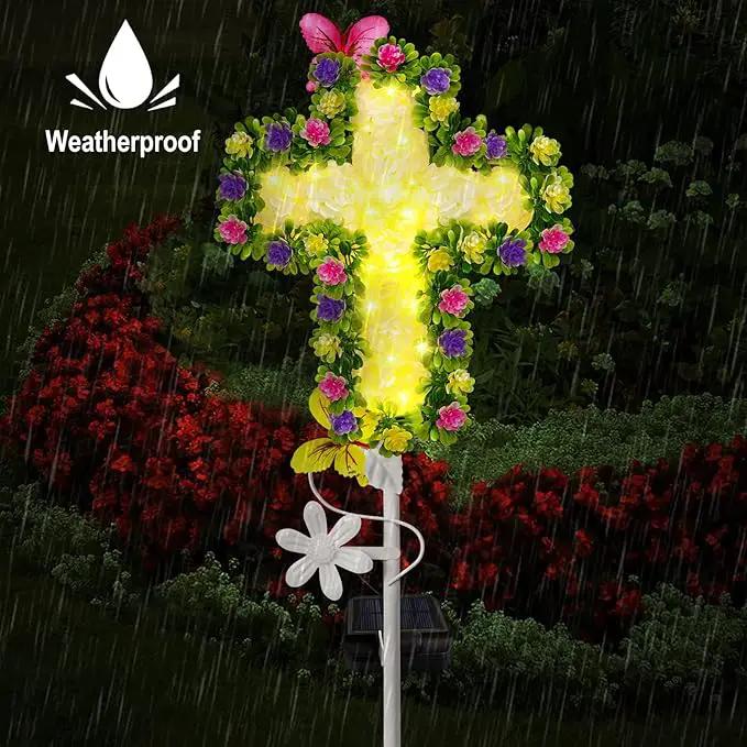YJFWAL 1 Pack Solar Flowers Cross Garden Stake Lights, Yard Solar Lights Cemetery Decorations For Grave Outdoor Light Jesus Cross Sympathy Memorial Gift For Grandma, Garden Lawn Patio Pathway Deco by GreenHaven Gardens