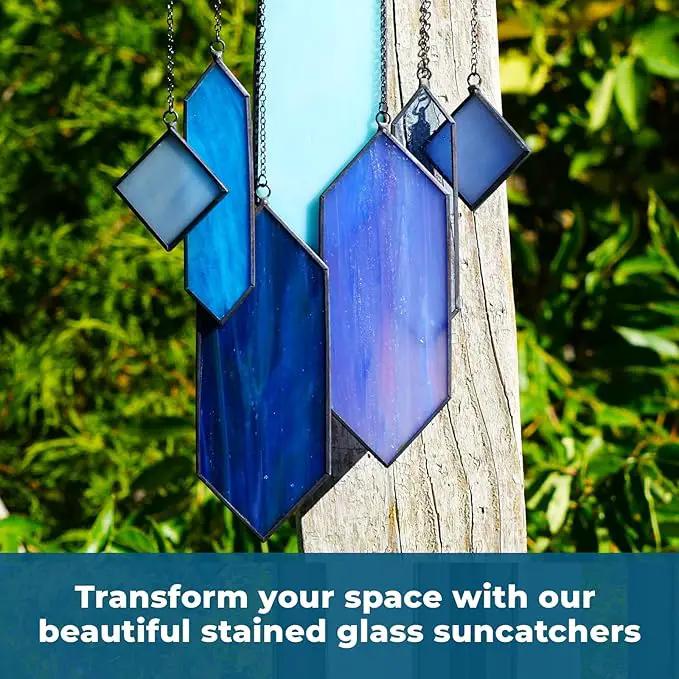 Stained Glass Window Hanging Sun Catcher - Blue Wall Art, Earth Tones Modern Design, Fully Assembled, Ready to Hang, Home or Garden Decor by GreenHaven Gardens
