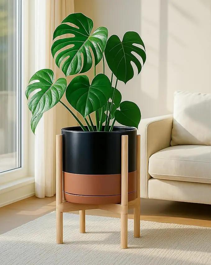 D'vine Dev Ceramic Planter with Natural Stand - 12 Inch Modern Round Flower Pot with Wood Planter Holder, Black/Speckled Tan, 55-B-J-7 by GreenHaven Gardens