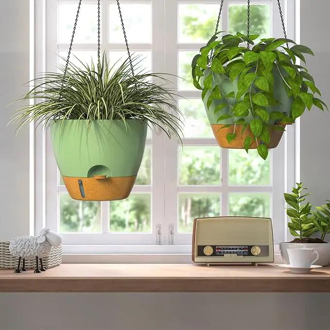 ZMTECH 12 Inch Hanging Planters for Indoor Outdoor Plants, 2 Pack Self Watering Hanging Plant Pots with Drainage Hole, Visual Reservoir, Plastic Flower Hanging Pots with Watering Lip (Green) by GreenHaven Gardens