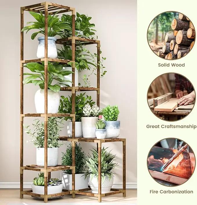 HOMKIRT Tall Corner Plant Stand with Grow Lights, Plant Shelf Indoor for Multiple Plants, Wood Plant Ladder Rack Holder Display Flower Stand for Living Room Balcony by GreenHaven Gardens