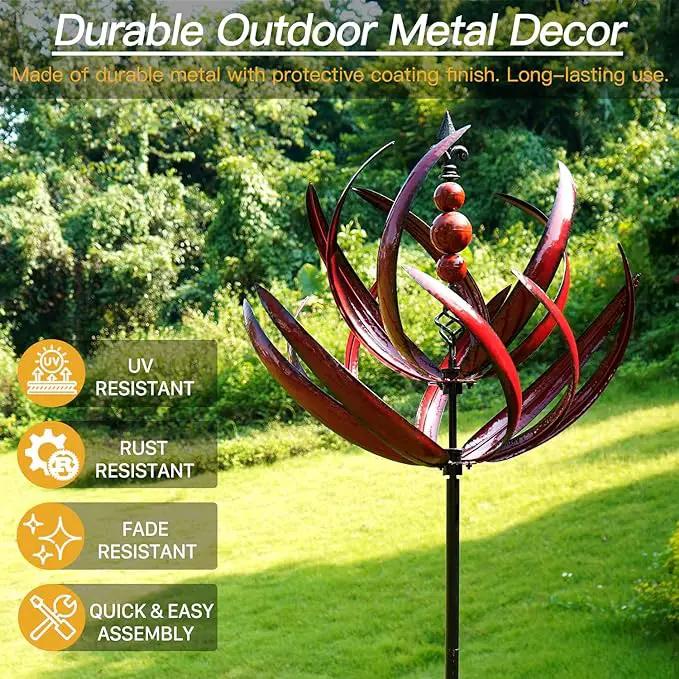 Yard Garden Wind Spinners - Large Outdoor Metal Wind Spinners Sculptures, Lawn Yard Art Garden Decor (Burgundy Lotus) by GreenHaven Gardens