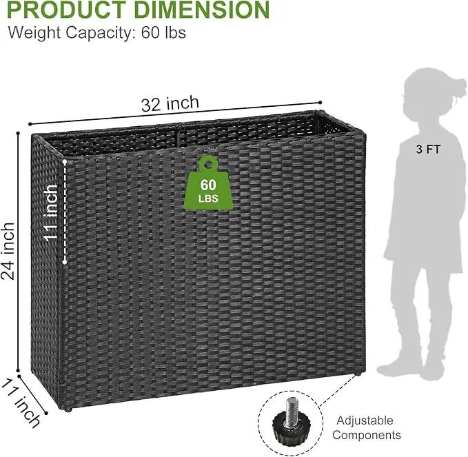 LEWIS&WAYNE Large Rectangular Block Planter Box Handmade Wicker Tall Planters for Outdoor Plants with Removable Liners Modern Planter for Indoor Outdoor Patio Deck - Black, 32''x11''x24'' by GreenHaven Gardens
