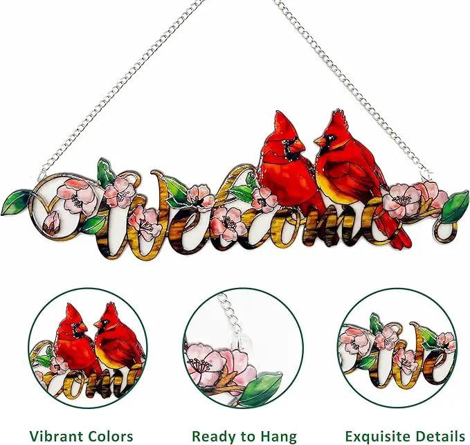 Welcome with Red Cardinal Suncatcher Red Bird Stained Glass Suncatchers Window Hanging Ornament for Home Decor Indoor Wall Art for Mother's Day Women Mom Birds Lovers Friends (Welcome) by GreenHaven Gardens