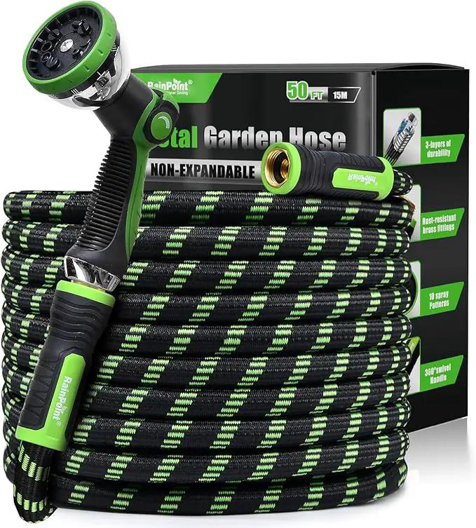RAINPOINT Metal Garden Hose 50 ft - No-kink 304 Water Hose with 10 mode Nozzle - Brass Connection, Swivel Handle, Flexible Hose,Lightweight, Puncture by GreenHaven Gardens