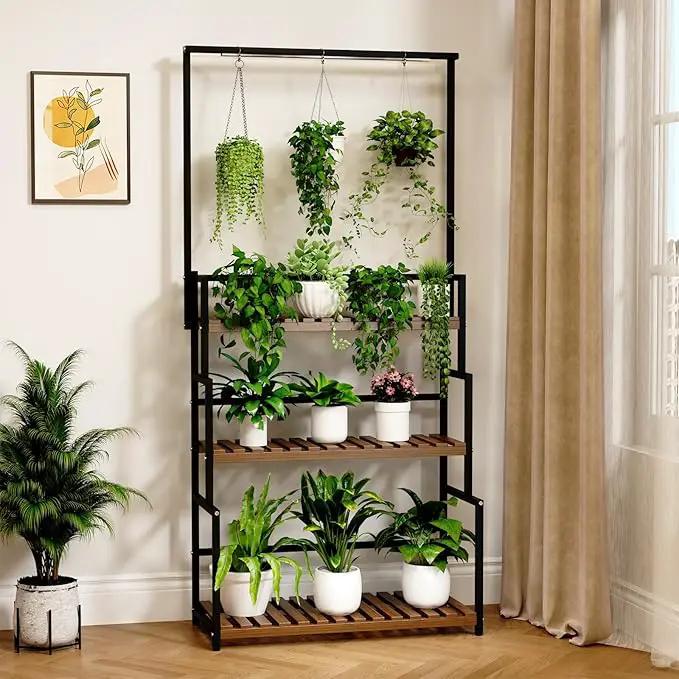 Hanging Plant Stand with Grow Light, 3 Tier Metal Plant Stand for Indoor Plants Multiple, Large Plant Shelf Display Holder, Ladder Shape Plant Rack for Living Room, Patio, Balcony by GreenHaven Gardens