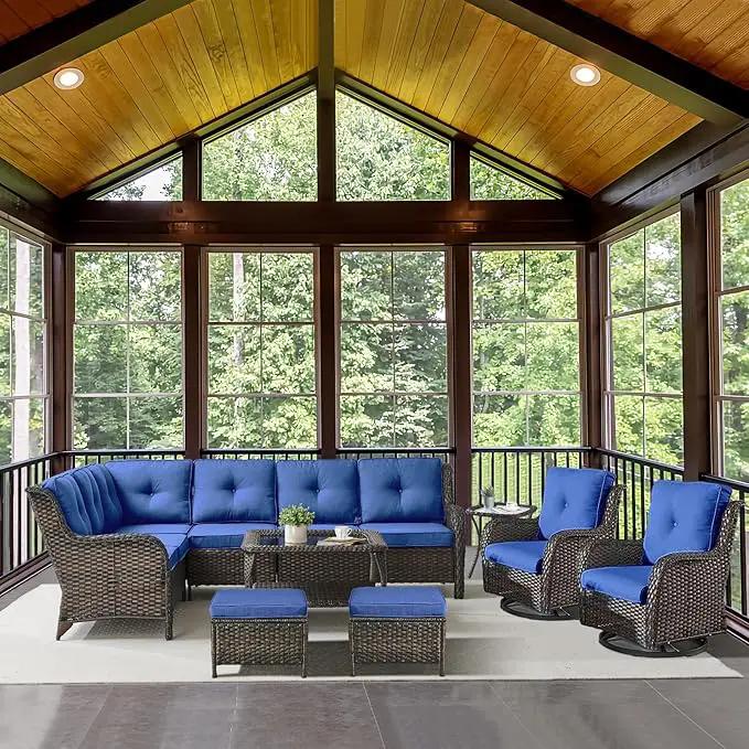 Outdoor Furniture Sectional Sofa L Shaped Couch - Patio Wicker Set with 2 Swivel Glider Chairs, 8 Piece Rattan Patio Conversation Sets with Blue Cushion for Deck Backyard Sunroom