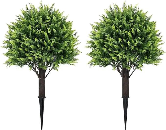 24" Artificial Cedar Topiary Ball Bushes, Set of 2 UV Resistant Fake Trees Outdoor Shrubs with Ground Spike, Weatherproof Faux Plants for Planter, Front Porch, Garden, Yard, Patio Decor by GreenHaven Gardens