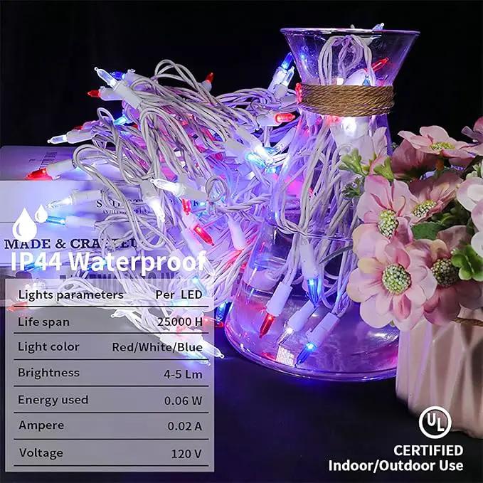 Red White and Blue Christmas LED Lights - 2 Pack 100 Count 4th of July Mini String Lights for Tree, Party, Memorial Day Decorations, 2 Sets 33 Feet White Wire, UL Certified, Connectable by GreenHaven Gardens