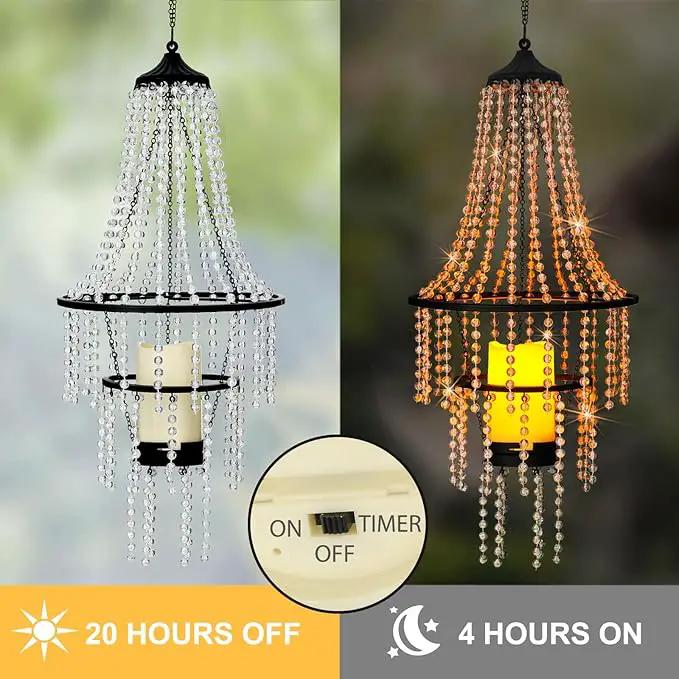 Hanging Candle Chandelier Outdoor, Battery Operated Clear Acrylic Beaded Chandelier with Flickering Led Candle Light S Hooks Modern Lantern for Garden Yard Patio Gazebo Room Indoor Decorations, 28”H by GreenHaven Gardens