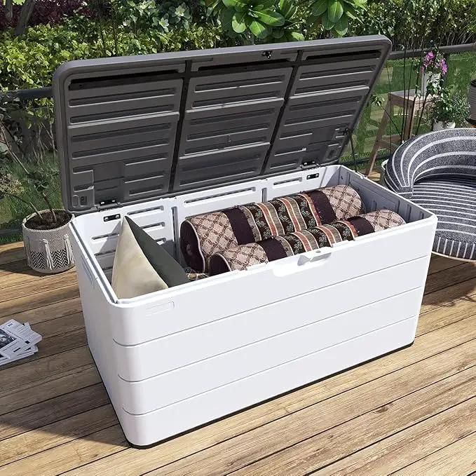 Heavy-Duty 100 Gallon Outdoor Storage Box - Waterproof Deck Box & Large Storage Bin for Patio/Pool, All-Weather Resin Chest with Lock, UV-Resistant, Alpine White by GreenHaven Gardens