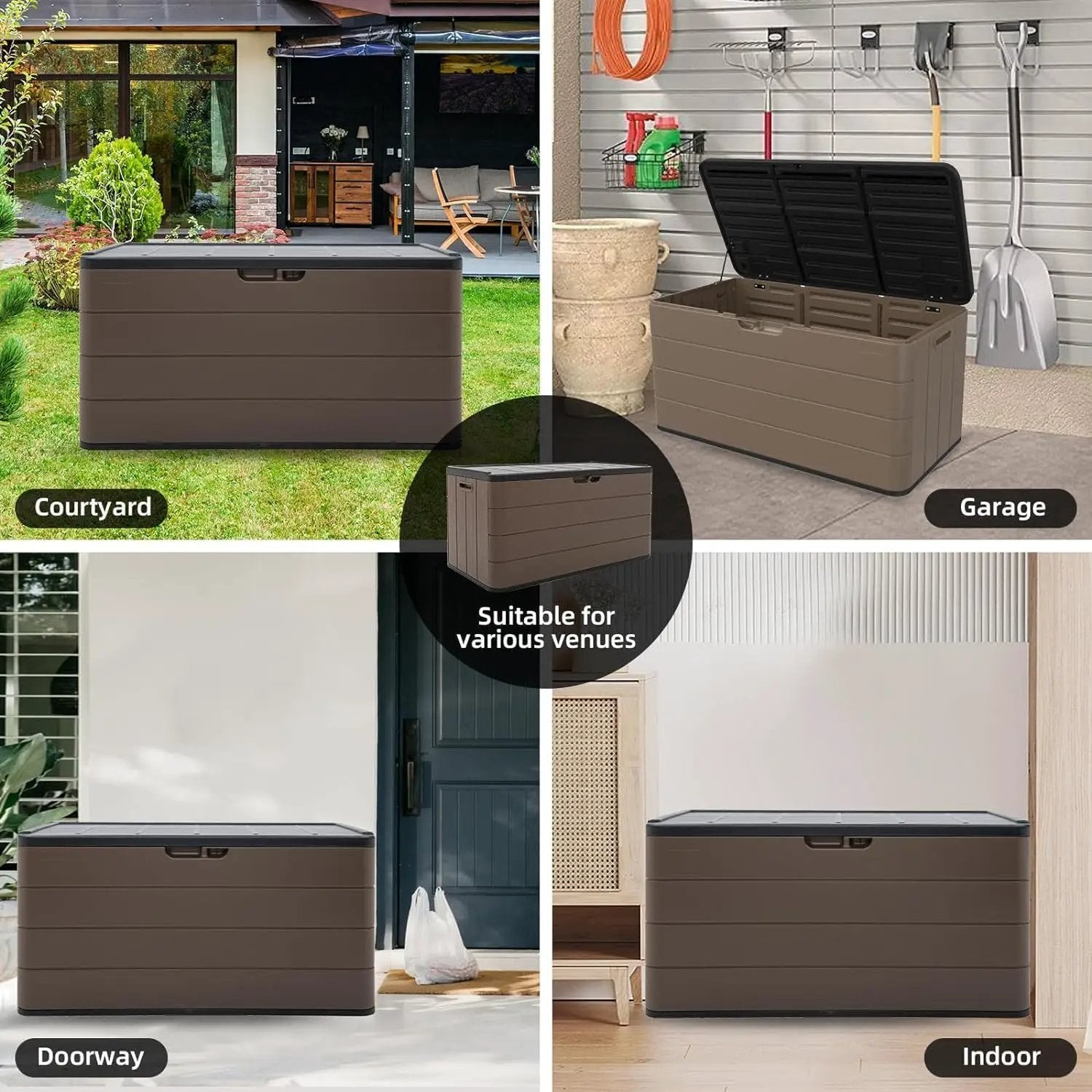 100 Gallon Large Resin Deck Box - Lockable Waterproof Outdoor Storage Bench for Patio Cushions, Garden Tools & Pool Accessories - Wood-Look Texture, Weather-Resistant for Backyard & Porch by GreenHaven Gardens