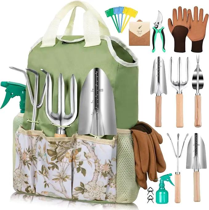 Gardening Tools Set of 12-Piece, Rust-Proof Durable Stainless Steel Gardening Supplies, Heavy Duty Gardening Hand Tools with Floral Storage Bag, Ideal Gardening Gifts for Women and Men by GreenHaven Gardens