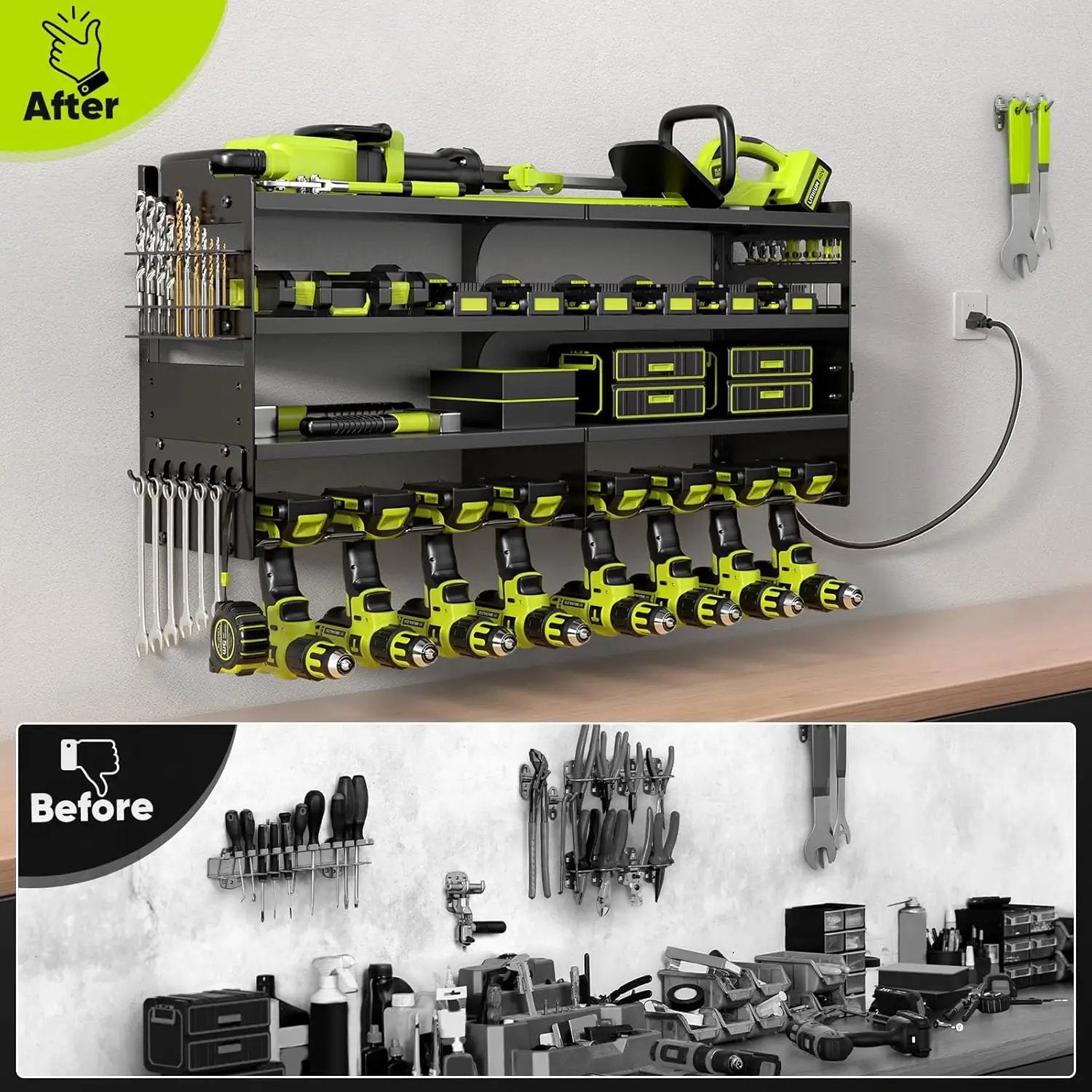Large Power Tool Organizer Wall Mount with Charging Station,4 Layer Heavy Duty Metal Tool Storage Rack Loads 600lbs with 8 Cordless Drill Holder,Battery Utility Rack Loads with 4 Power Strip by GreenHaven Gardens