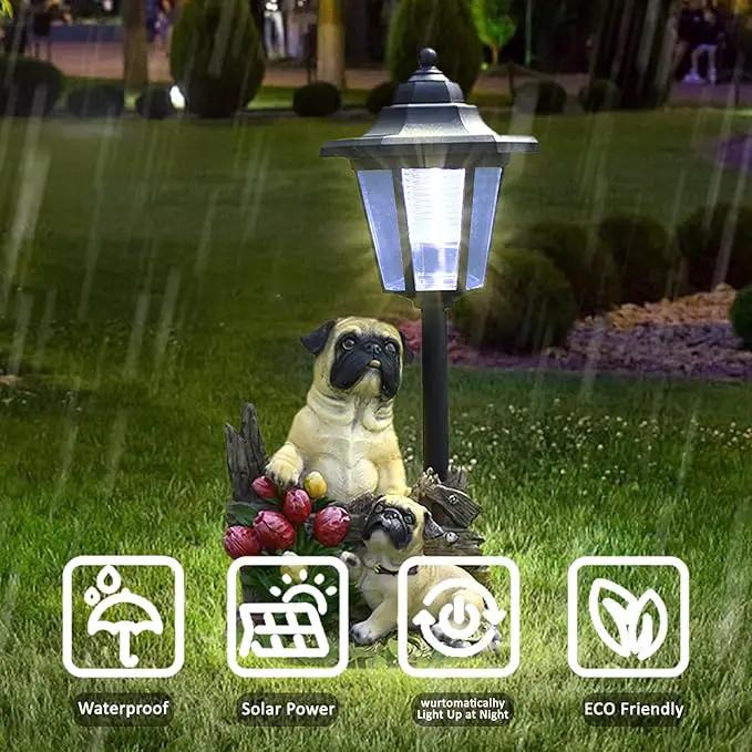 Solar Garden Country Farm Pug Dogs with Light, Outside-Outdoor Decorations Animal Statue for Patio Yard Lawn Walkway Ornaments Clearance Gifts for Mom Grandma Birthday by GreenHaven Gardens