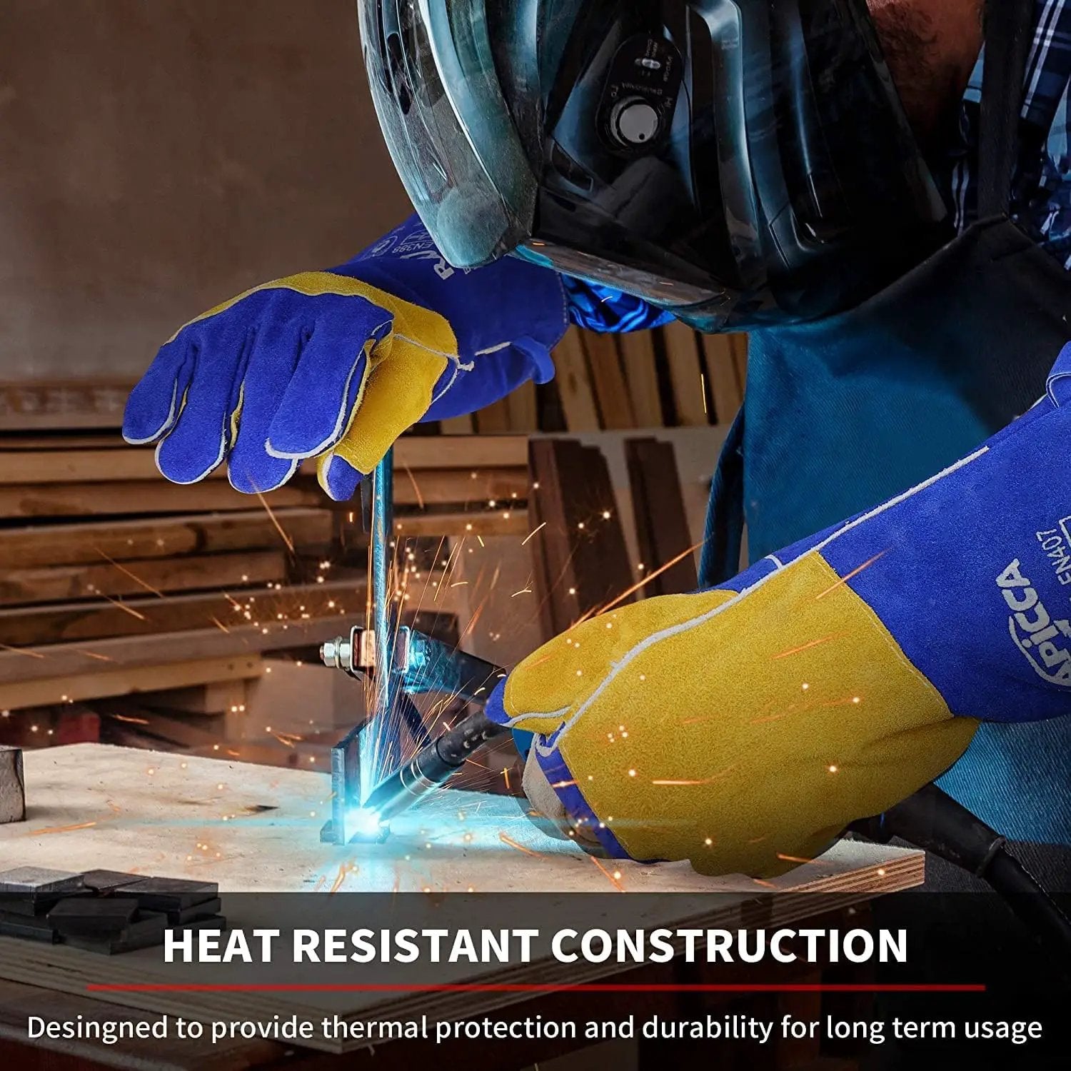 Welding Gloves Fire Heat Resistant: Blue 16IN 932℉ - Fireproof Leather For Stick Mig Flux-Core Welder Forge Blacksmith Fireplace Wood Stove Fire Pit Grill Oven Furnace Handling Dry Ice - Birthday Gift by GreenHaven Gardens