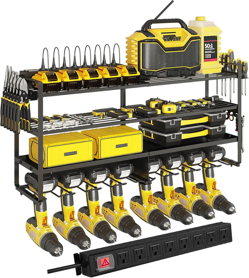 ‌Heavy Duty 4-Layer Power Tool Organizer Wall Mount with 8 Outlet Power Strip- Holds 8 Cordless Drills, 400lbs Capacity Metal Garage Storage Rack‌ by GreenHaven Gardens